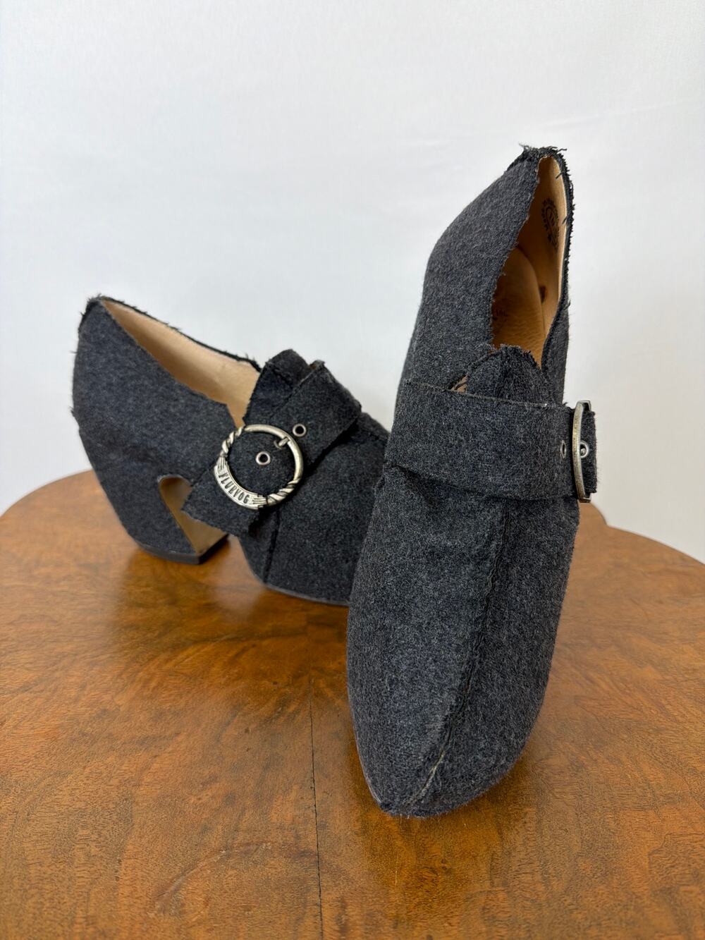 John Fluevog Dark Grey Wool & Leather Buckle Heels Size 10.5